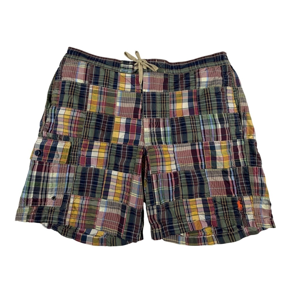 Polo Ralph Lauren Mens Large Patchwork Madras Swim Trunks Multicolor Plaid Cargo